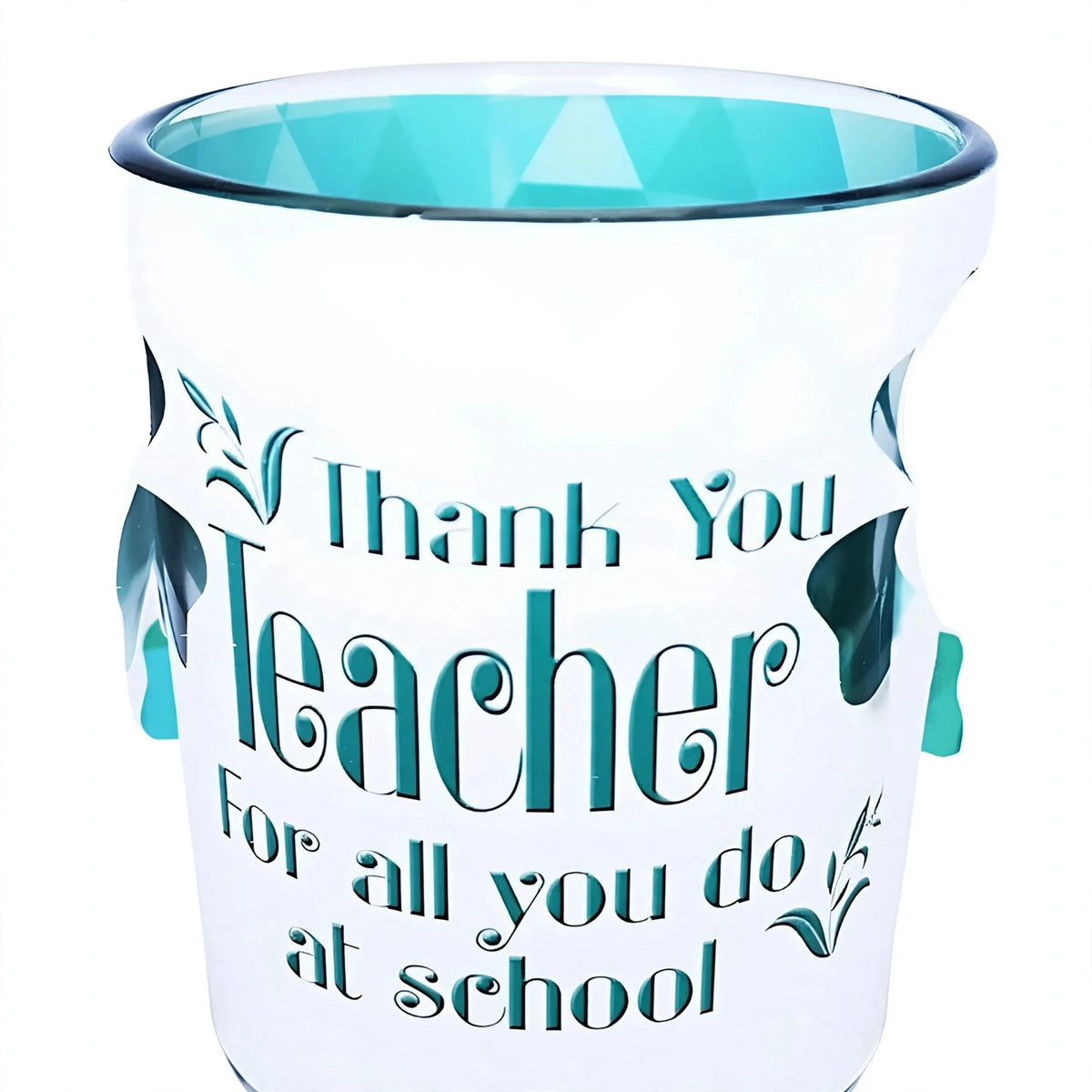 Close-up of Light Sentiments candle holder with teacher appreciation printed sentiment