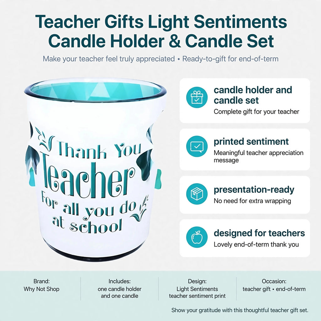 Infographic showing candle holder and candle set features including printed sentiment and presentation-ready design