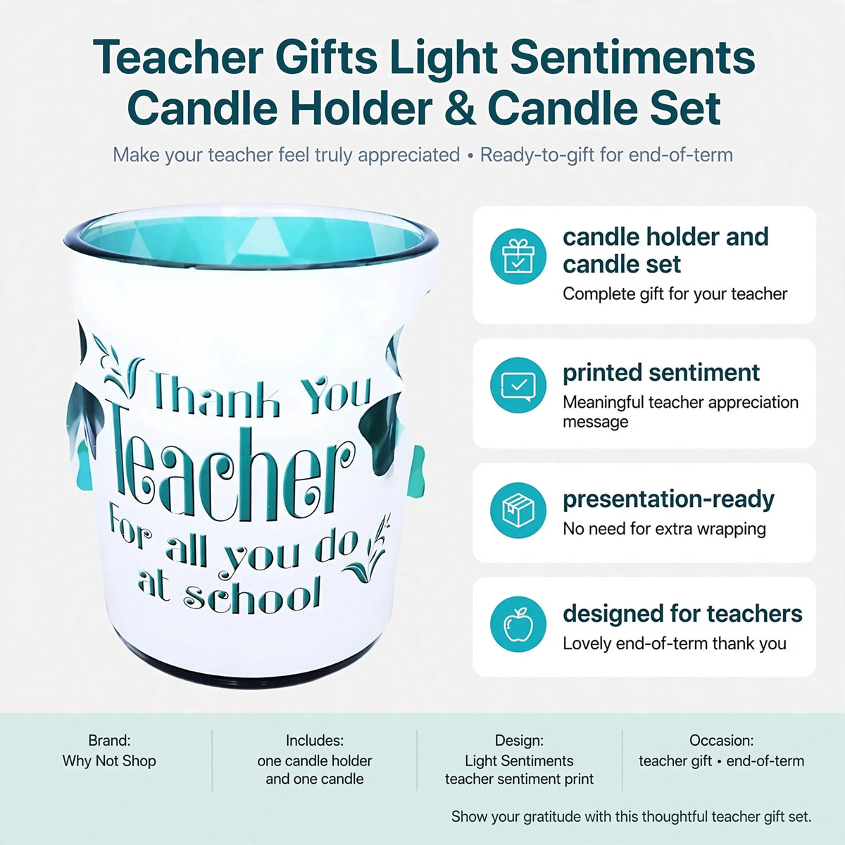 Infographic showing candle holder and candle set features including printed sentiment and presentation-ready design