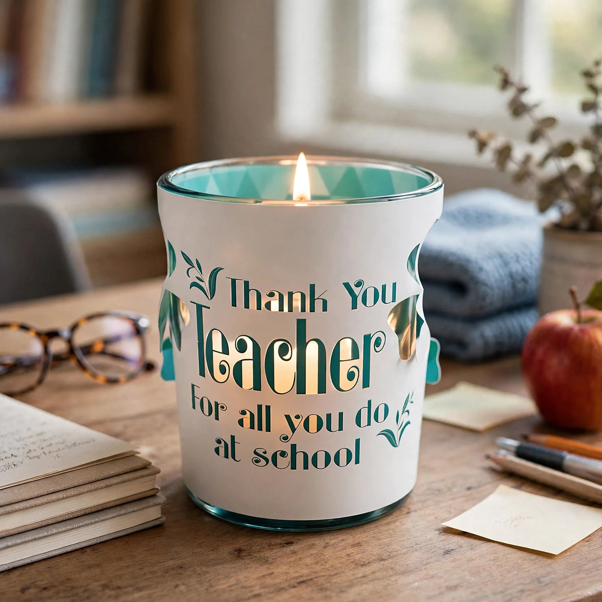 Light Sentiments candle holder and candle displayed as a teacher appreciation gift