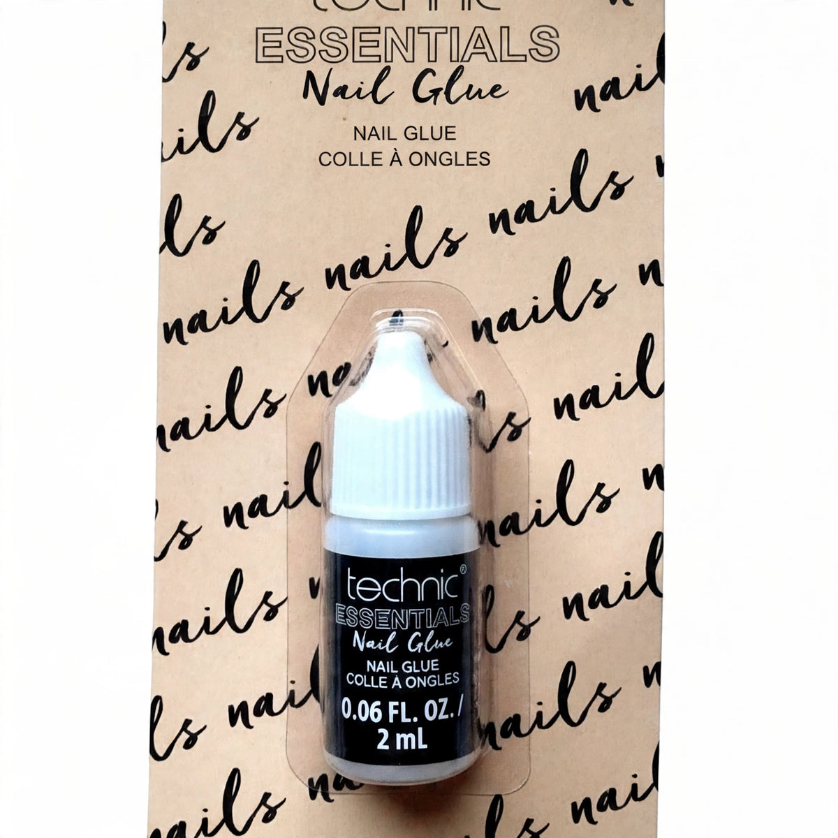 Close-up of Technic Essentials Clear False Nail Glue showing precision tip applicator