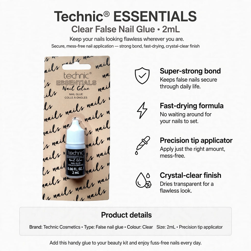 False nail glue features super-strong bond, fast-drying formula, precision tip, and clear finish