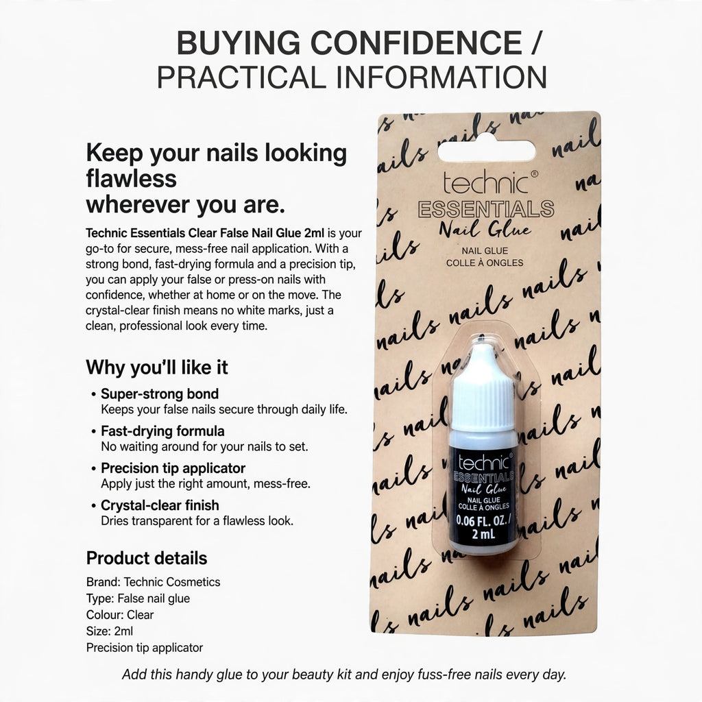 Technic Essentials Clear False Nail Glue 2ml for secure, mess-free false nail application