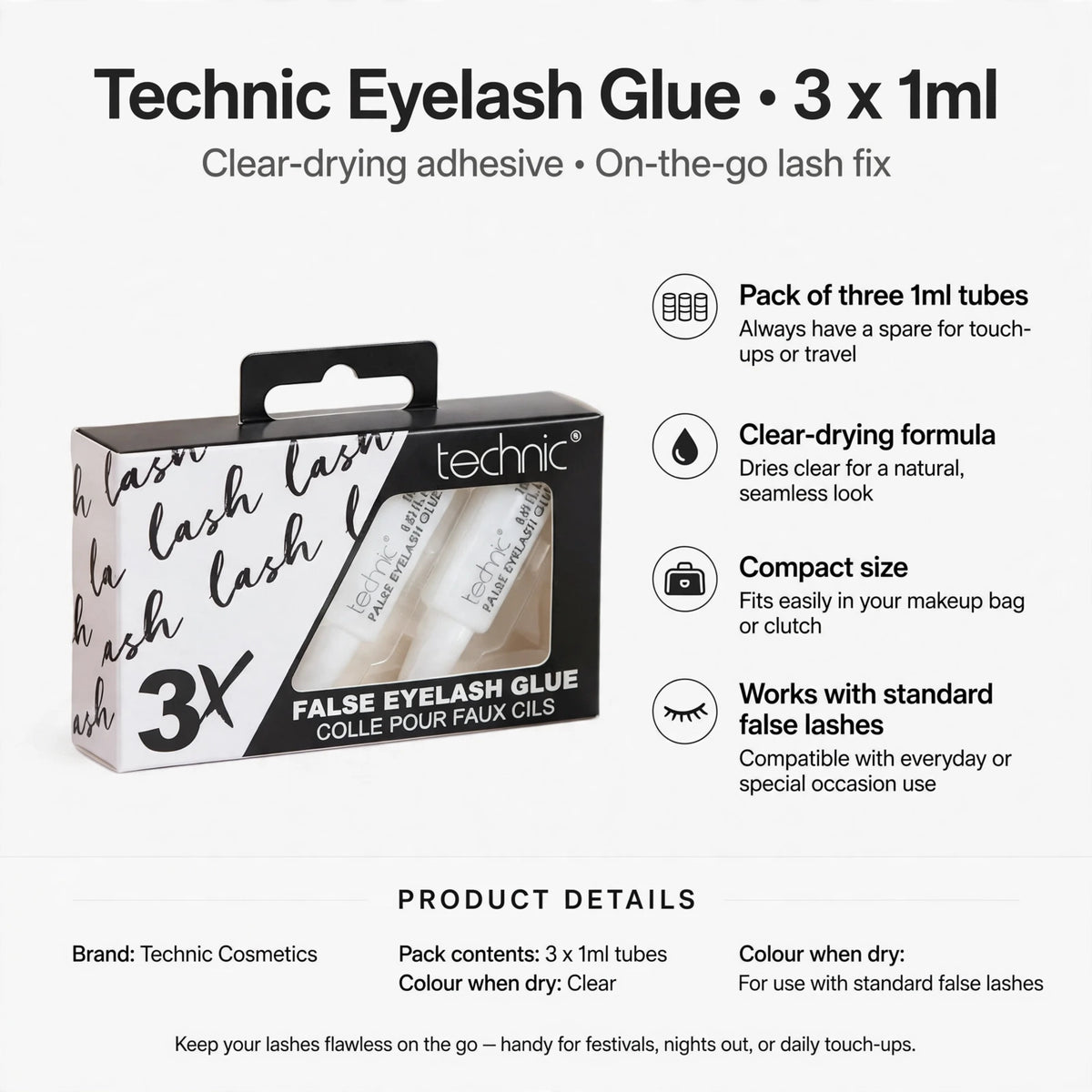 Infographic showing pack of three 1ml tubes, clear-drying formula, compact size, and compatibility with standard false lashes