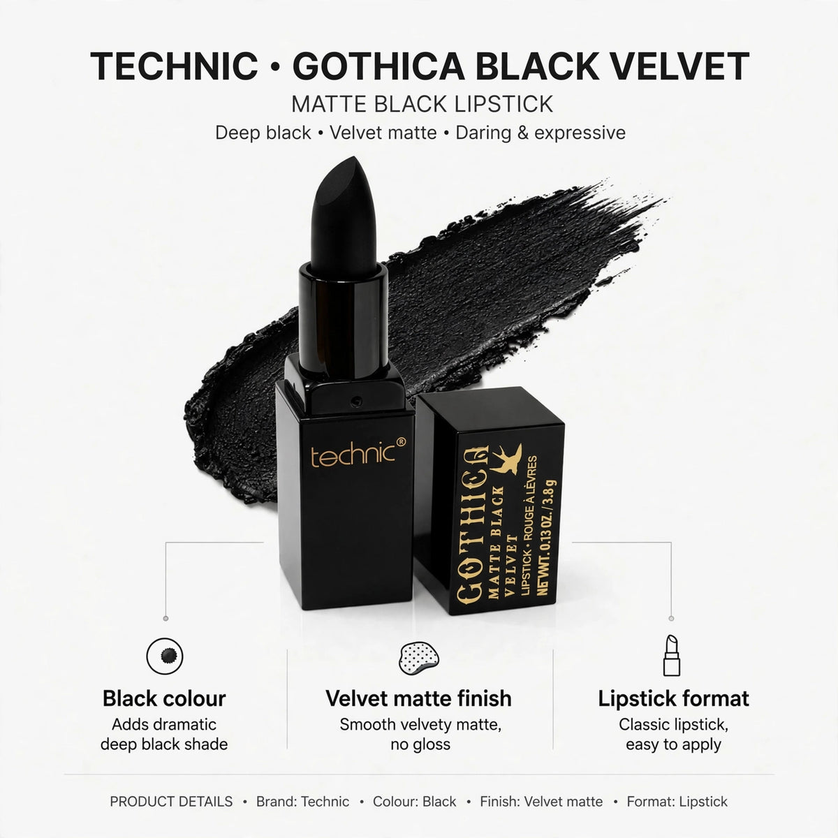 Features black colour, velvet matte finish, and lipstick format