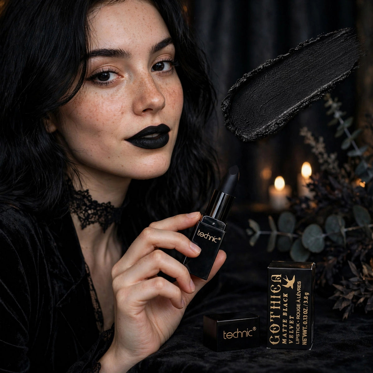 Technic Gothica Black Velvet Matte Black Lipstick suitable for gothic-inspired style or night out