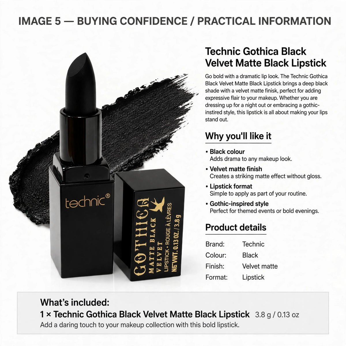 Lipstick in black colour with velvet matte finish for dramatic makeup looks
