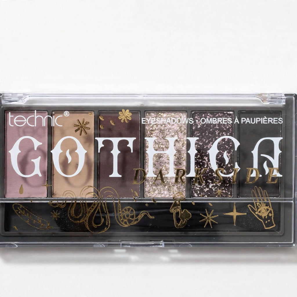 Close-up view of Technic Gothica Darkside Mini Eyeshadow Palette colors and texture