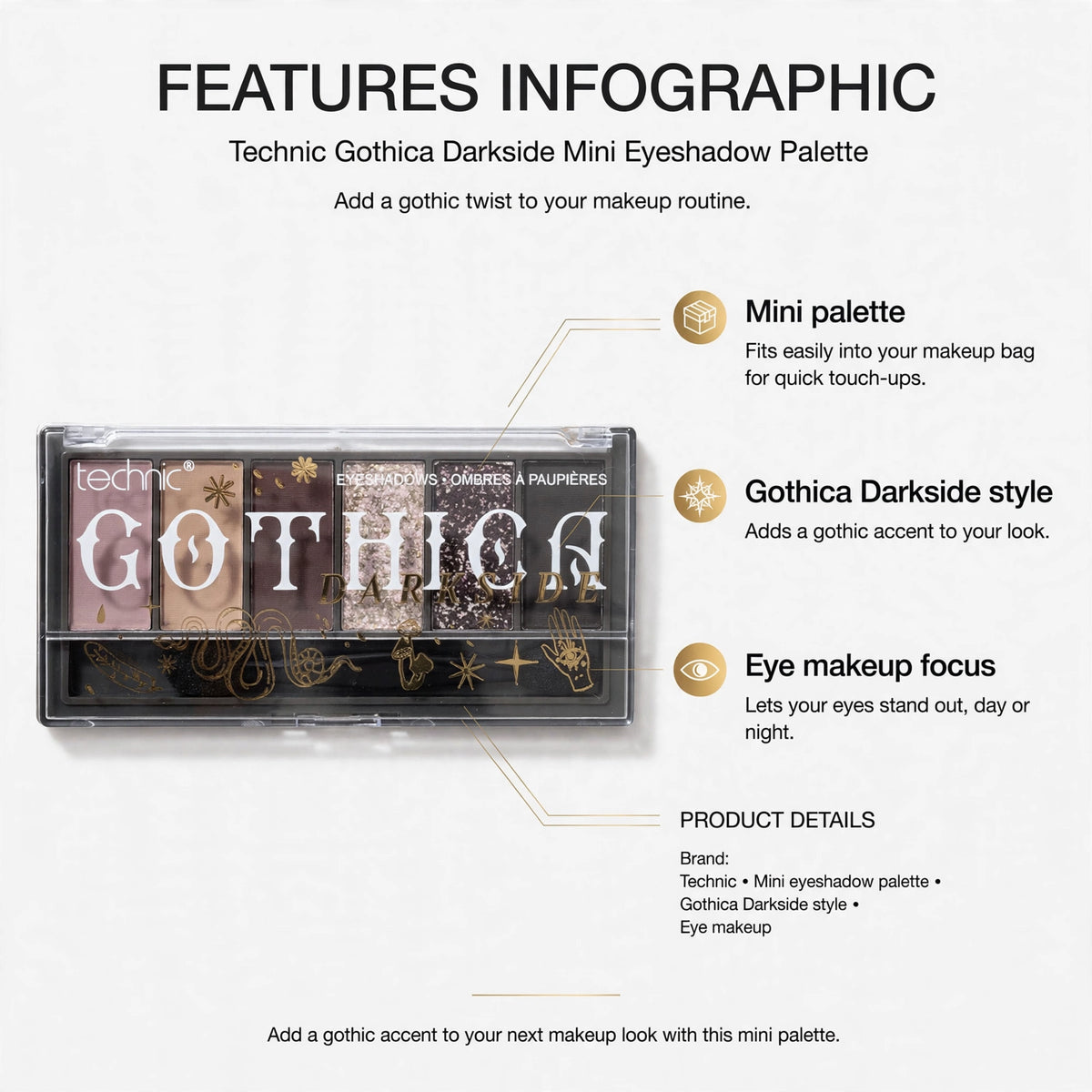 Infographic highlighting mini palette size and Gothica Darkside style features