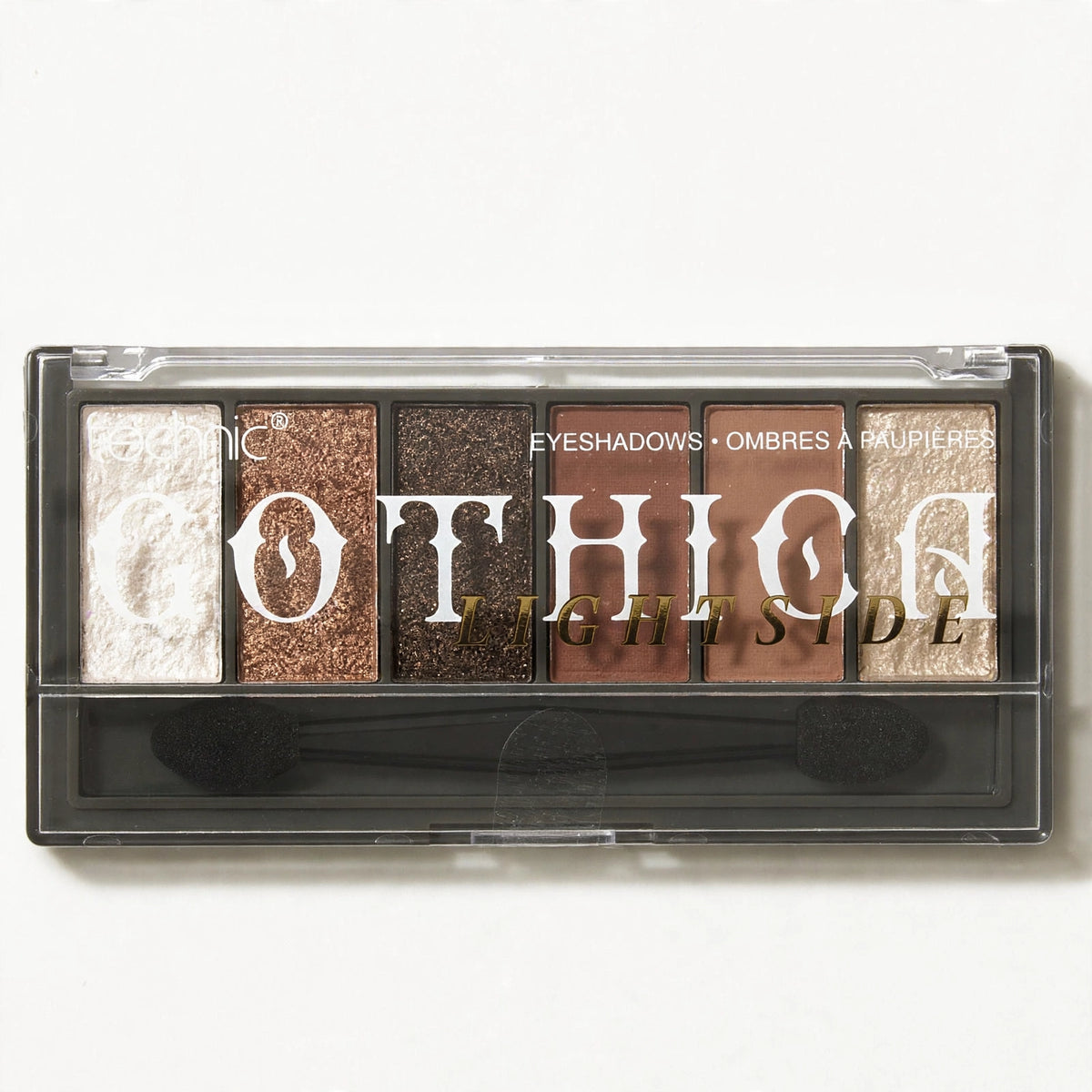 Close-up view of Technic Gothica Lightside Mini Eyeshadow Palette showing eyeshadow shades