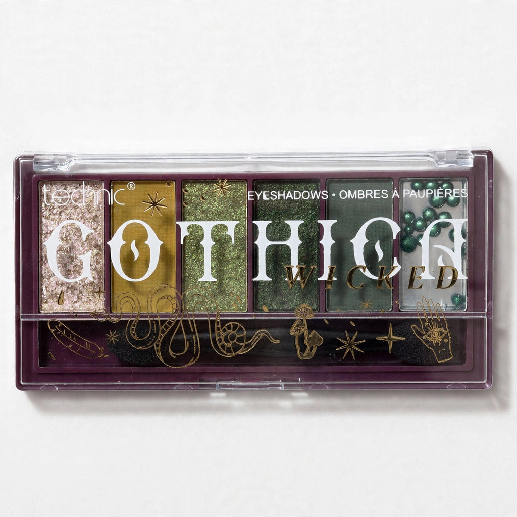 Close-up view of Technic Gothica Wicked mini eyeshadow palette shades