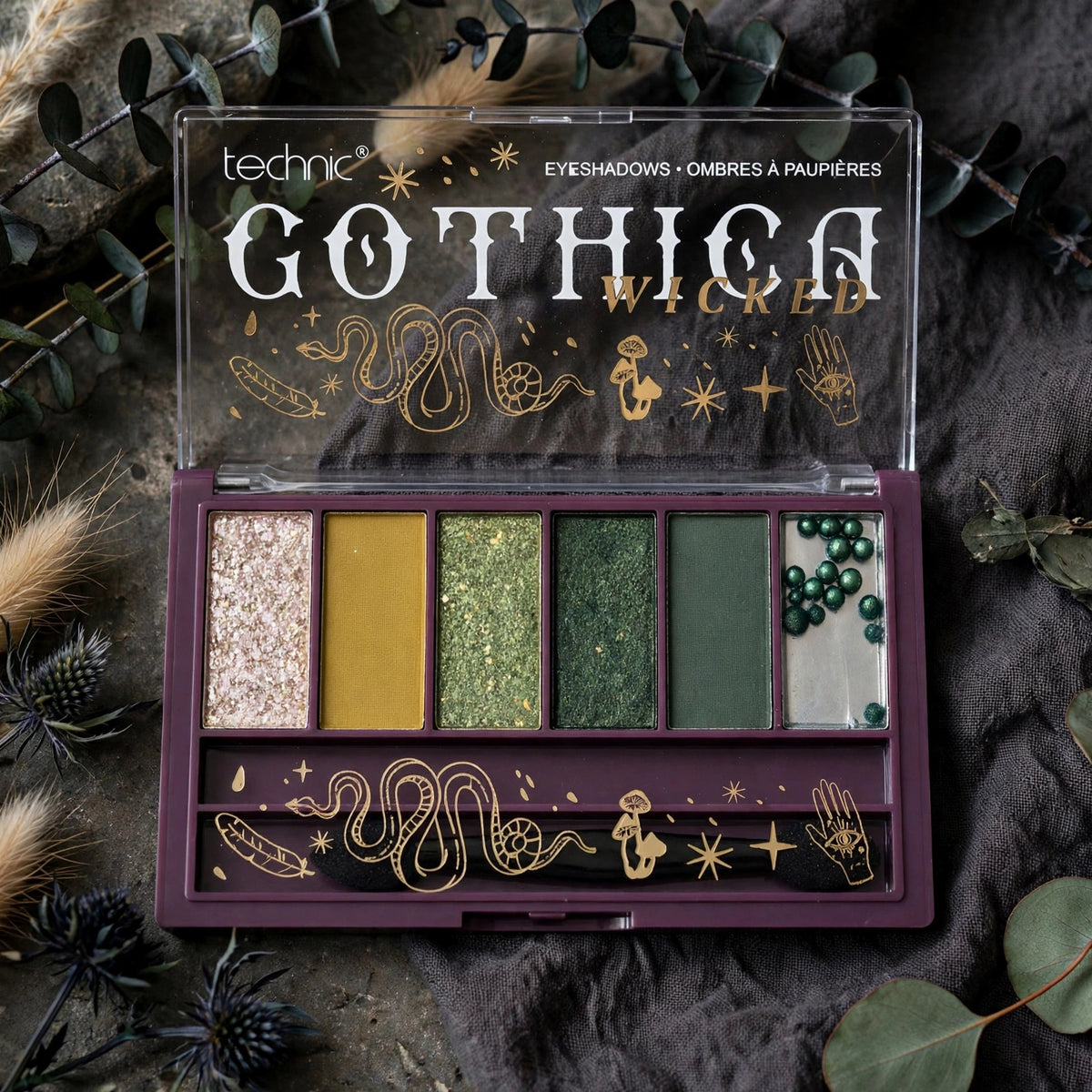 Technic Gothica Wicked mini eyeshadow palette displayed for makeup use