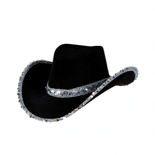 Adults cowboy hat black with silver sequins