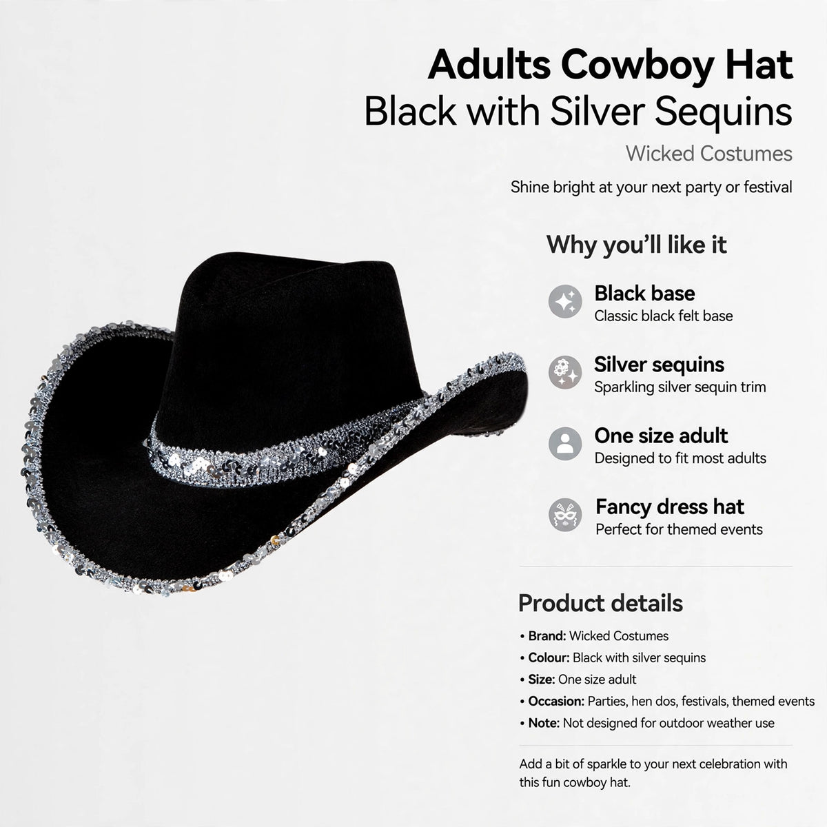 Features black base, silver sequins, one size adult, fancy dress hat