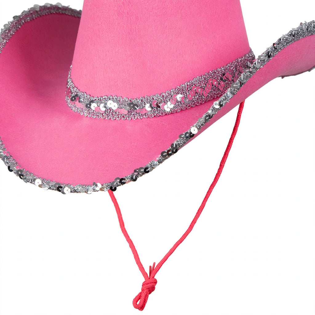 Close-up view of hot pink cowboy hat with silver sequins