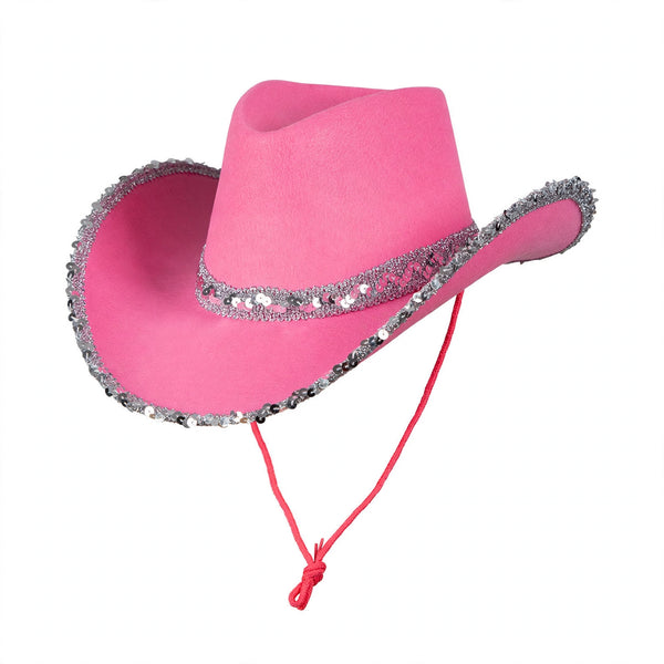 Adults cowboy hat with hot pink base covered in silver sequins
