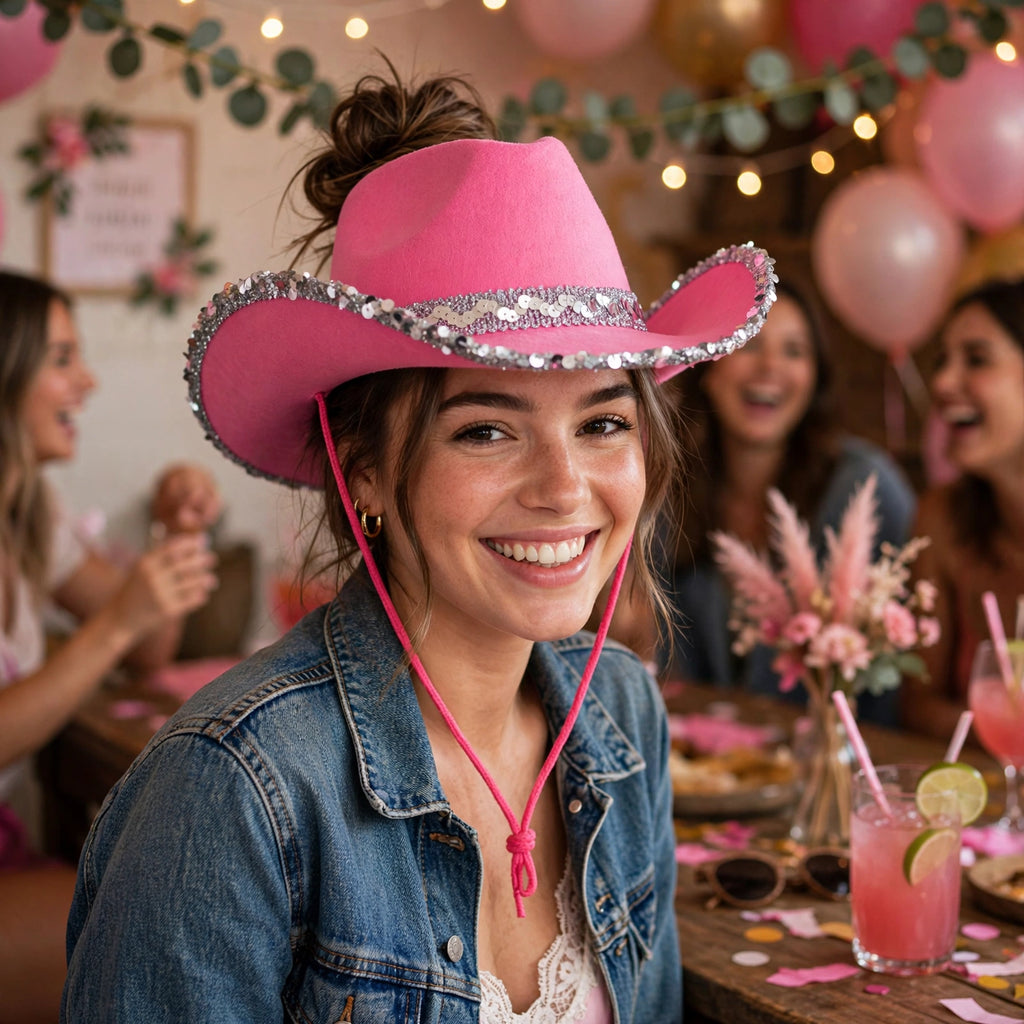 Adults wearing hot pink cowboy hat with silver sequins at a party