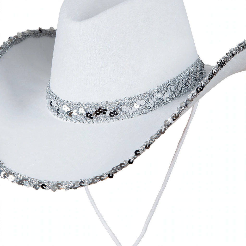 Close-up view of white cowboy hat with silver sequins