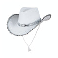 White cowboy hat covered in silver sequins for adults