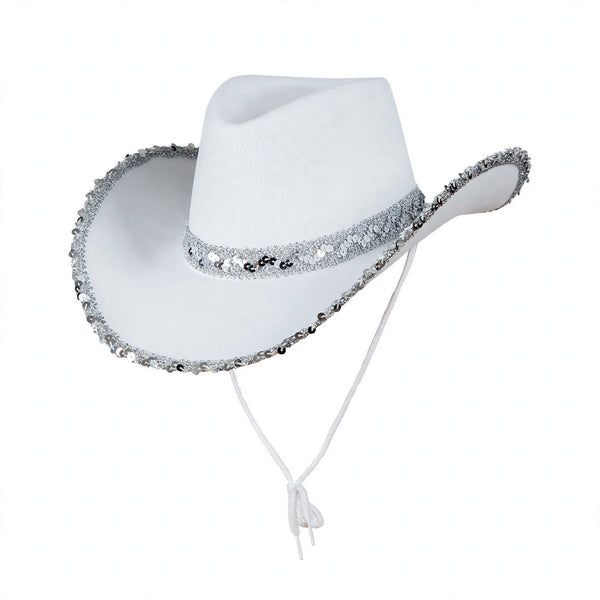 White cowboy hat covered in silver sequins for adults