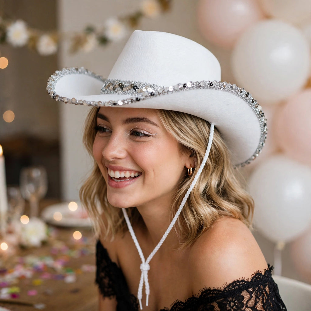 White cowboy hat with silver sequins worn at a party or festival setting