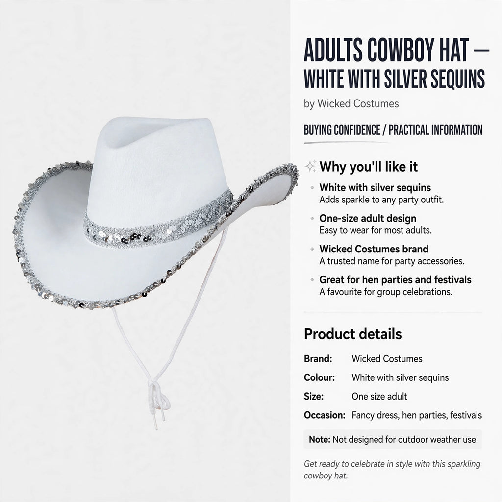 White cowboy hat suitable for fancy dress, hen parties, and festivals; not for outdoor weather use