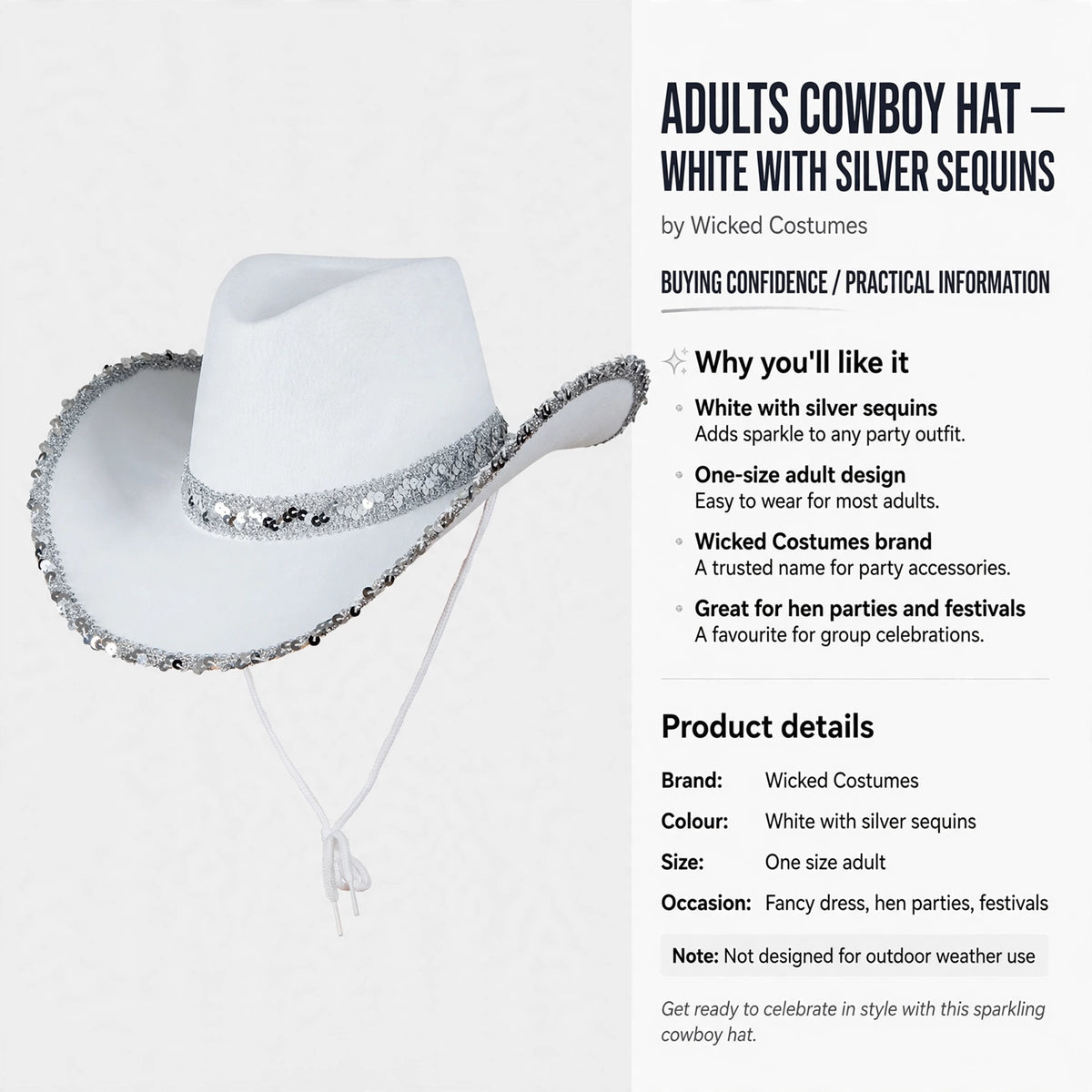 White cowboy hat suitable for fancy dress, hen parties, and festivals; not for outdoor weather use