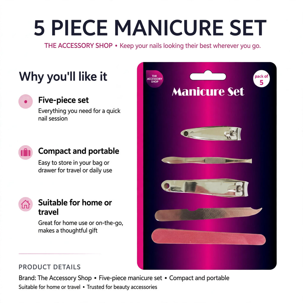 Infographic showing five-piece manicure set features including compact and portable design