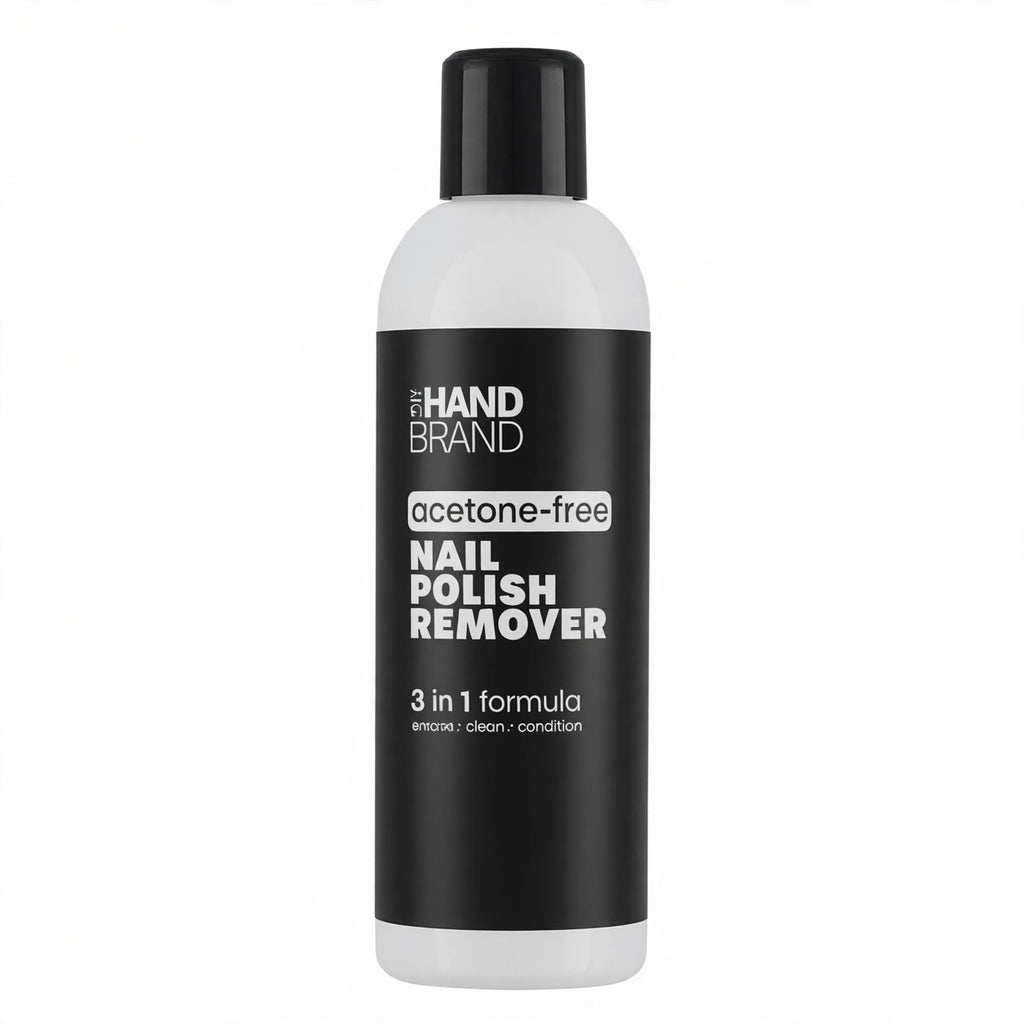 Close-up view of The Hand Brand Acetone-Free Nail Polish Remover bottle with label visible