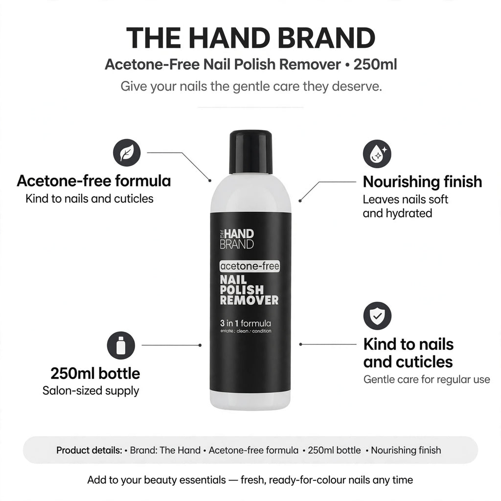 Infographic showing acetone-free formula, kindness to nails and cuticles, 250ml bottle size, and nourishing finish