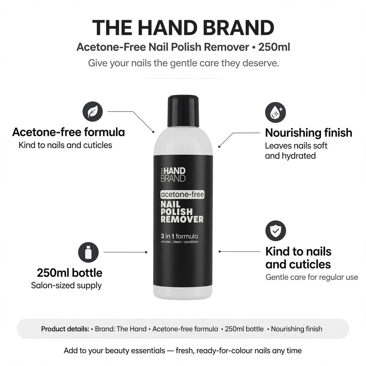 Infographic showing acetone-free formula, kindness to nails and cuticles, 250ml bottle size, and nourishing finish