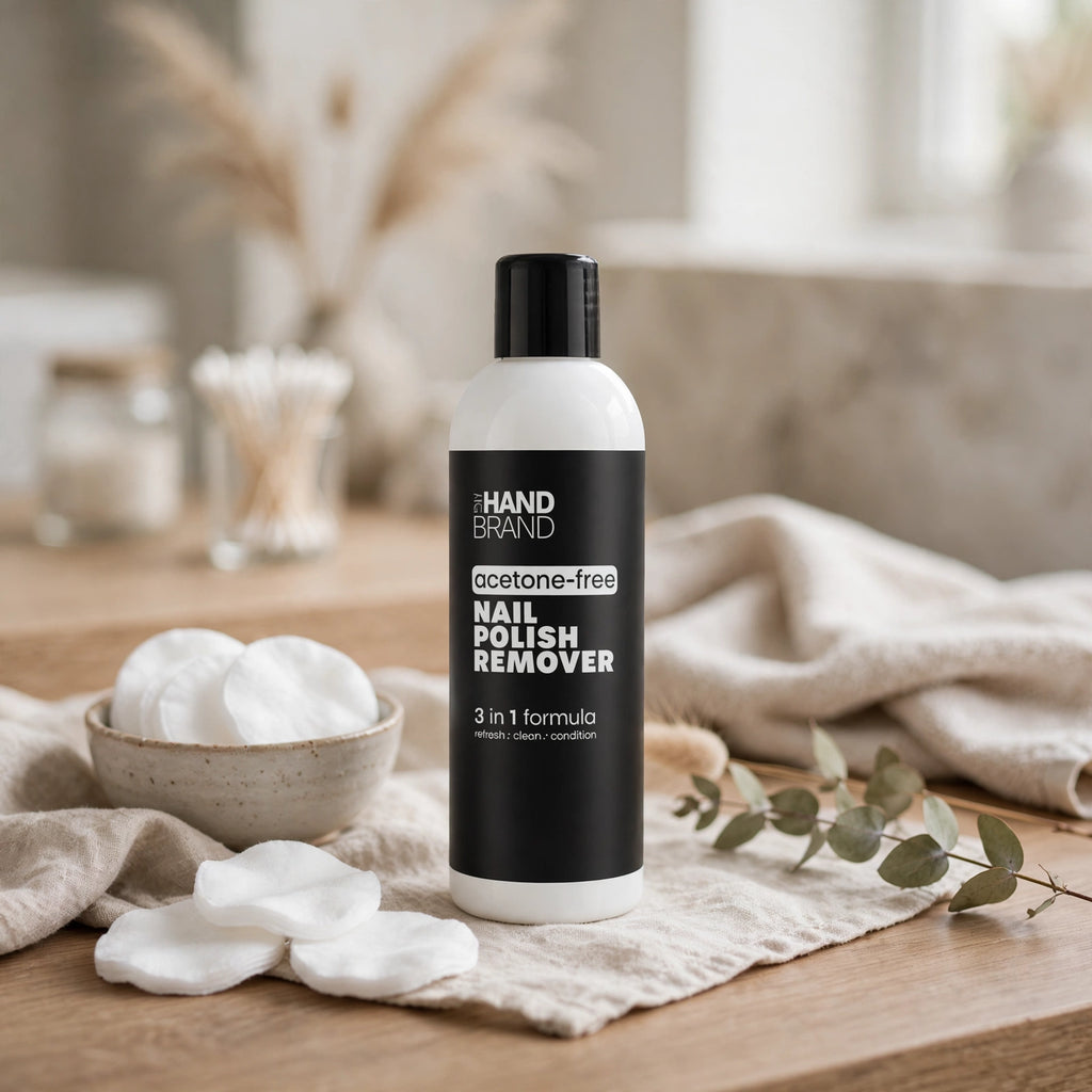 The Hand Brand Acetone-Free Nail Polish Remover bottle displayed as part of a nail care routine