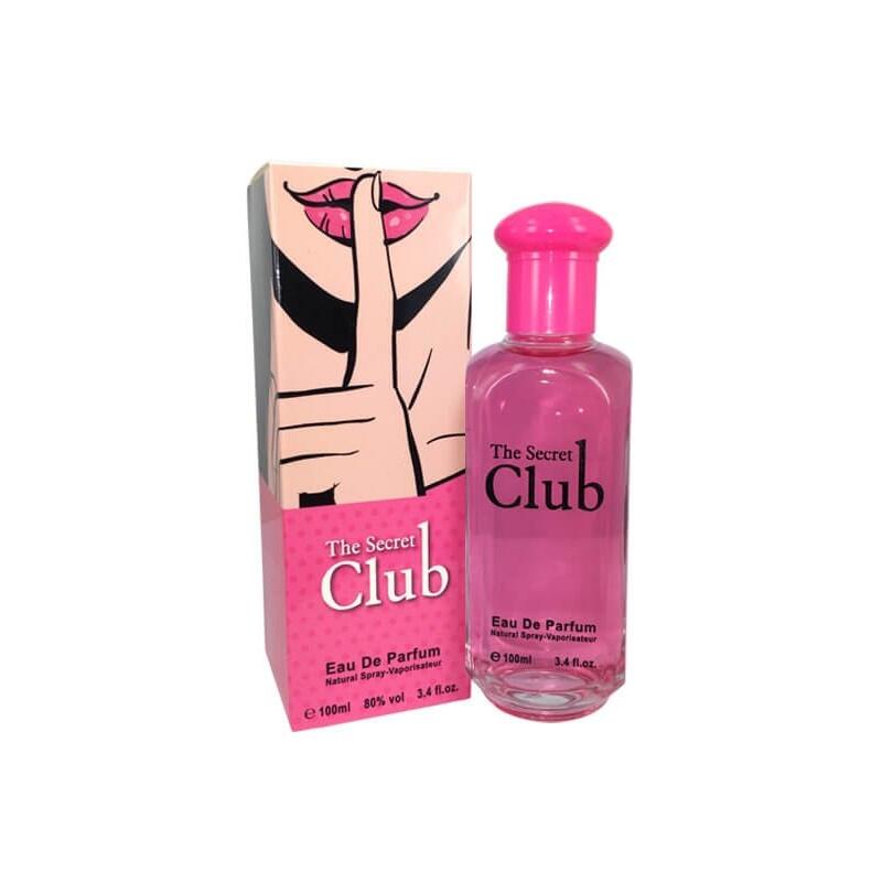 The Secret Club Eau De Parfum bottle and its retail packaging box, both featuring a vibrant pink color scheme with a graphic of lips and a hand on the box.