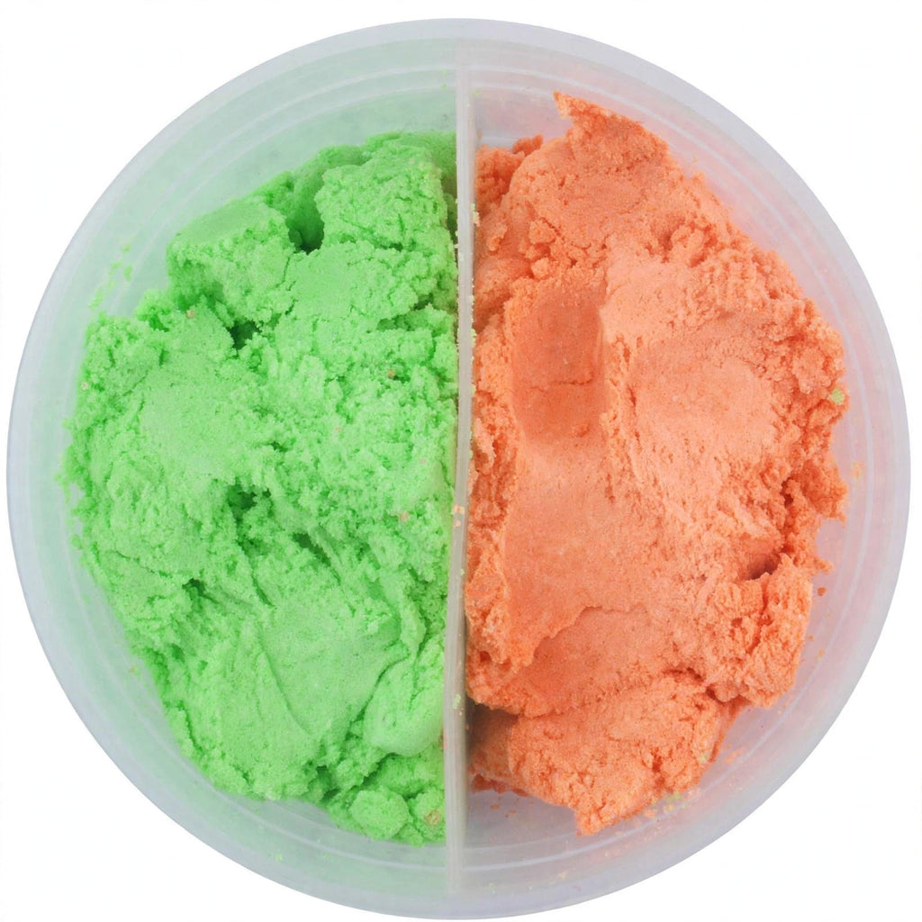 Close-up view of colourful mouldable sand texture in 130g tub