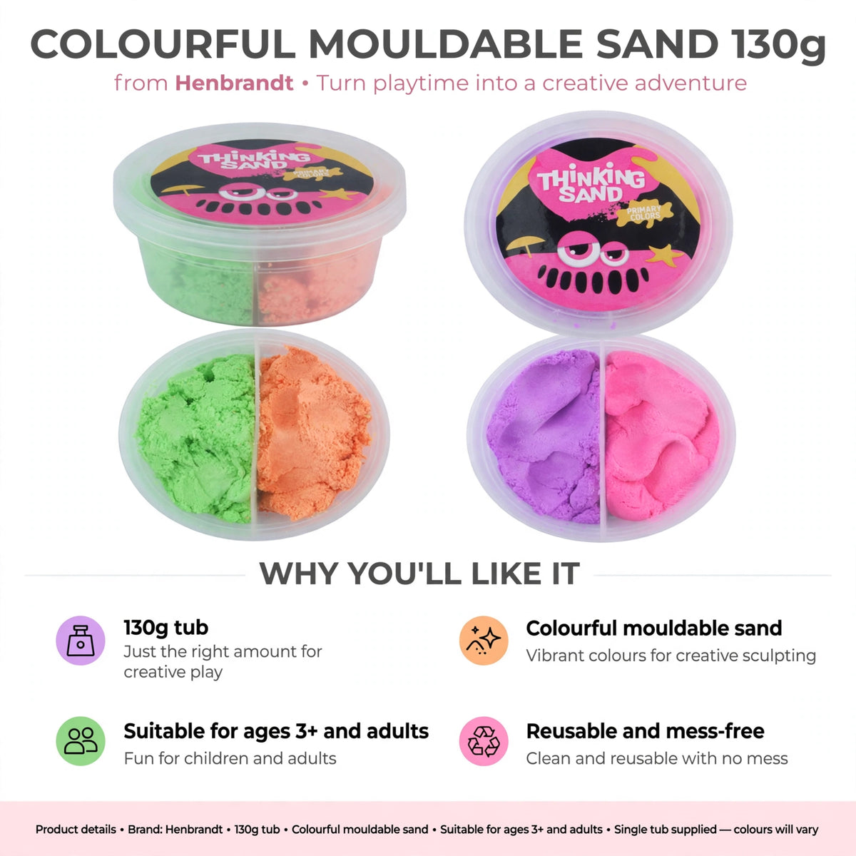 Infographic showing features of 130g colourful mouldable sand including reusable and mess-free qualities