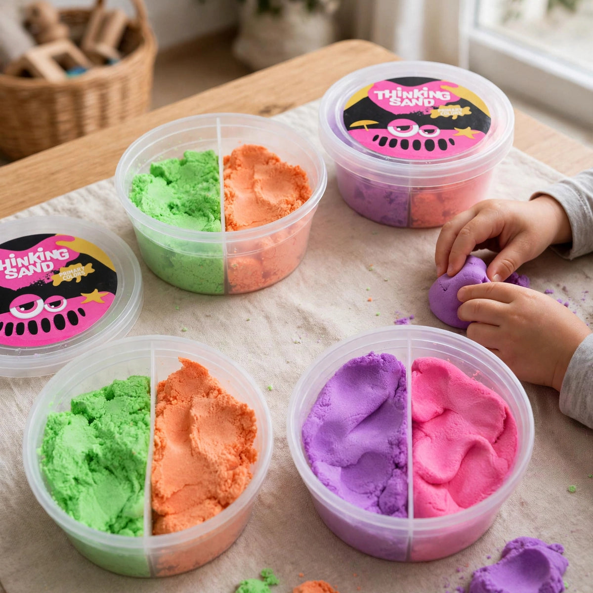 Colourful mouldable sand being used for sensory play and creative sculpting