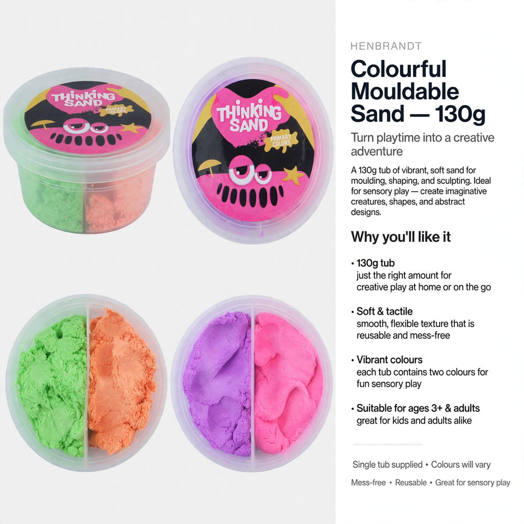 Information about 130g tub of colourful mouldable sand suitable for ages 3 and up and adults