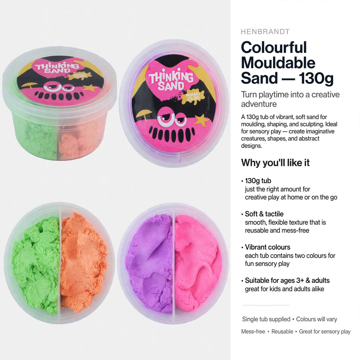 Information about 130g tub of colourful mouldable sand suitable for ages 3 and up and adults