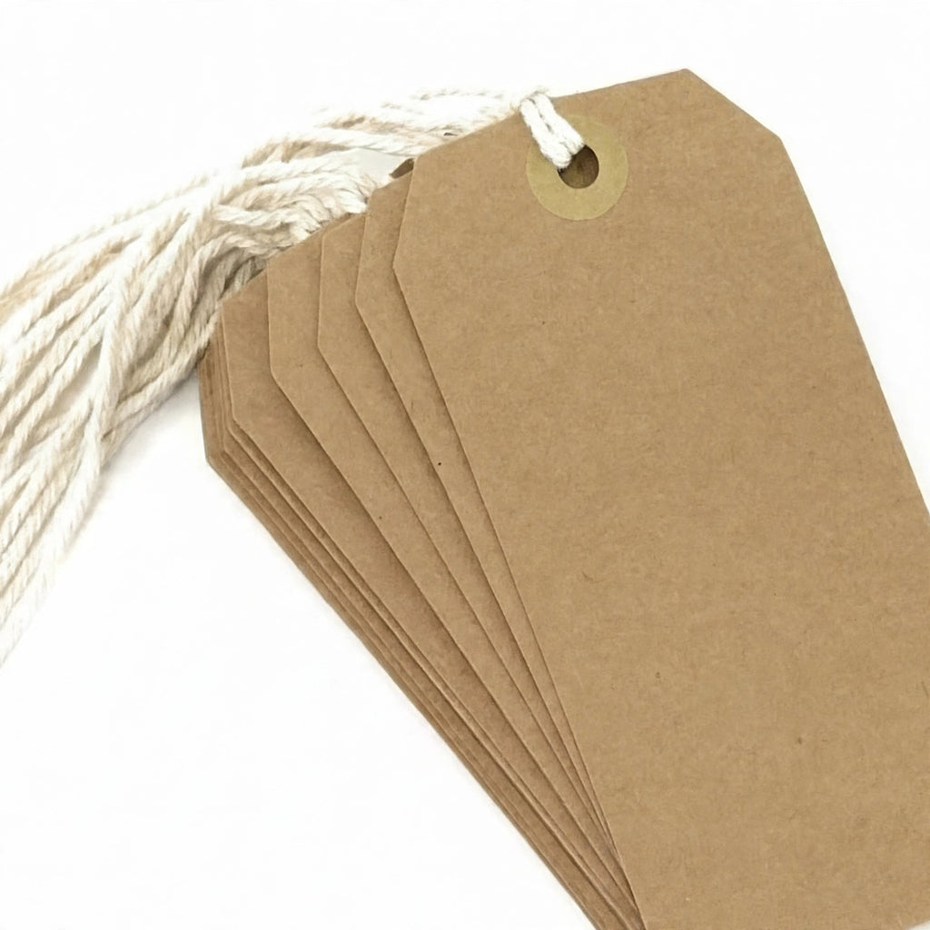 Close-up of kraft brown luggage label with tie-on design