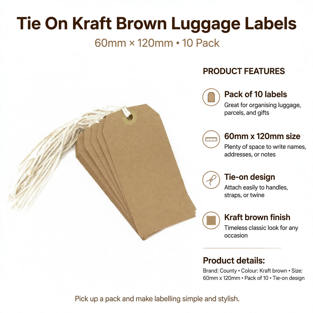 Infographic showing pack of 10 labels, 60mm by 120mm size, tie-on design, and kraft brown finish