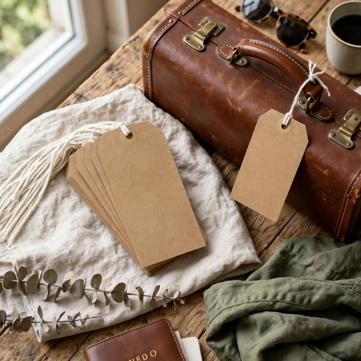 Kraft brown luggage label tied onto a parcel handle