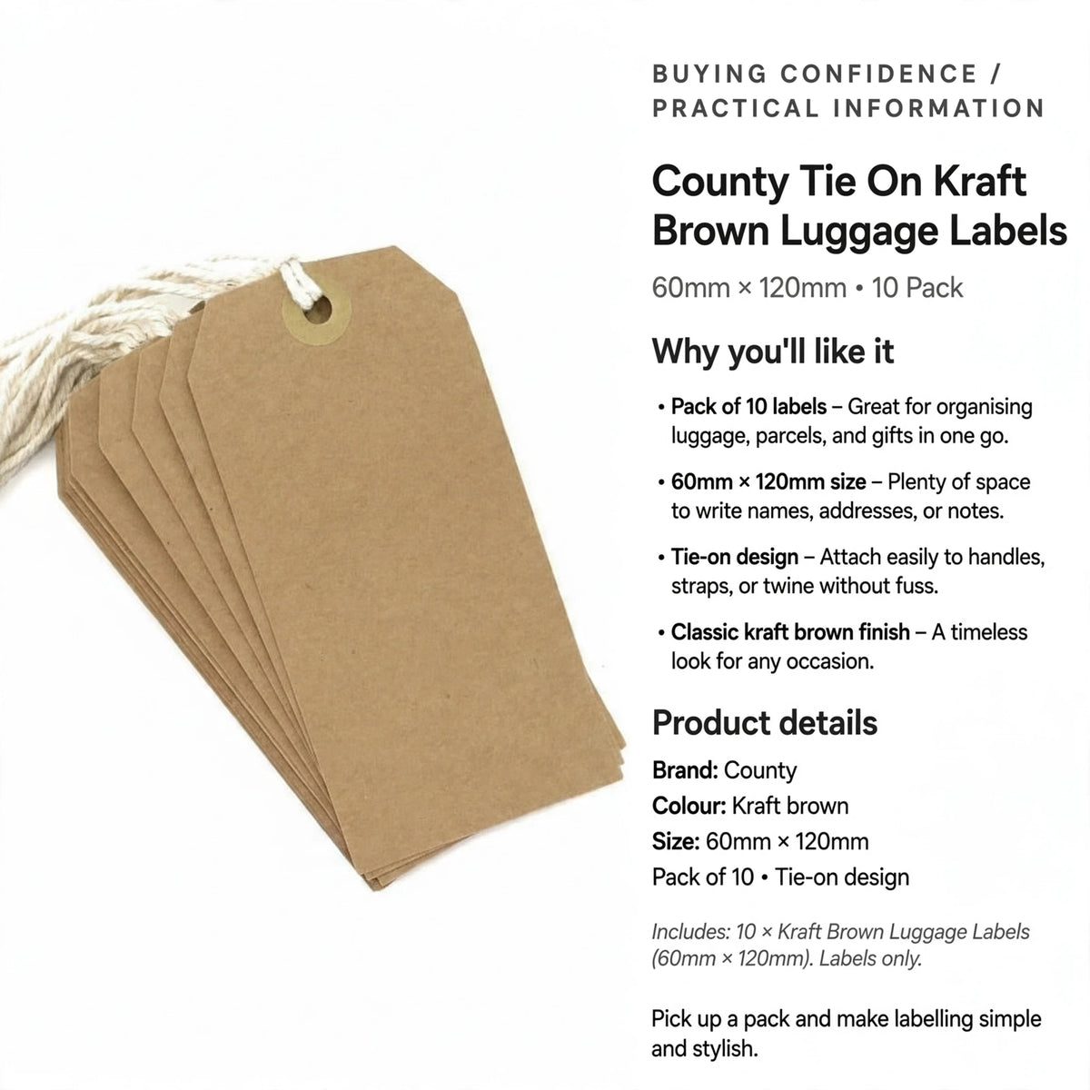 Pack of 10 kraft brown luggage labels with tie-on design for organising parcels and gifts