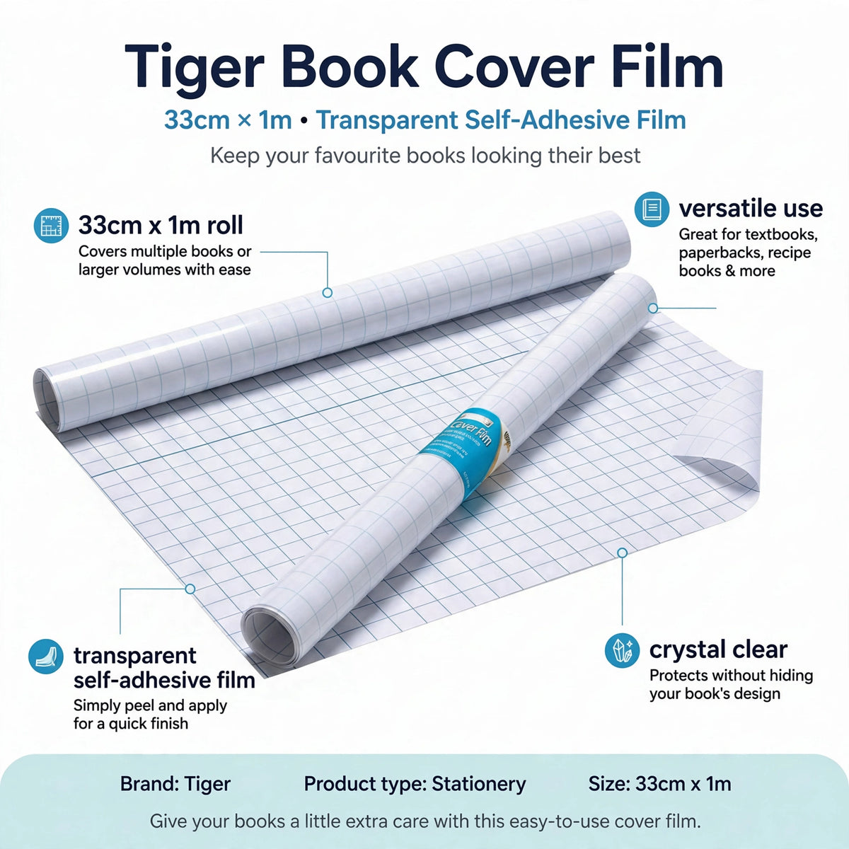 Infographic showing features of Tiger Book Cover Film including size 33cm by 1m, self-adhesive and crystal clear