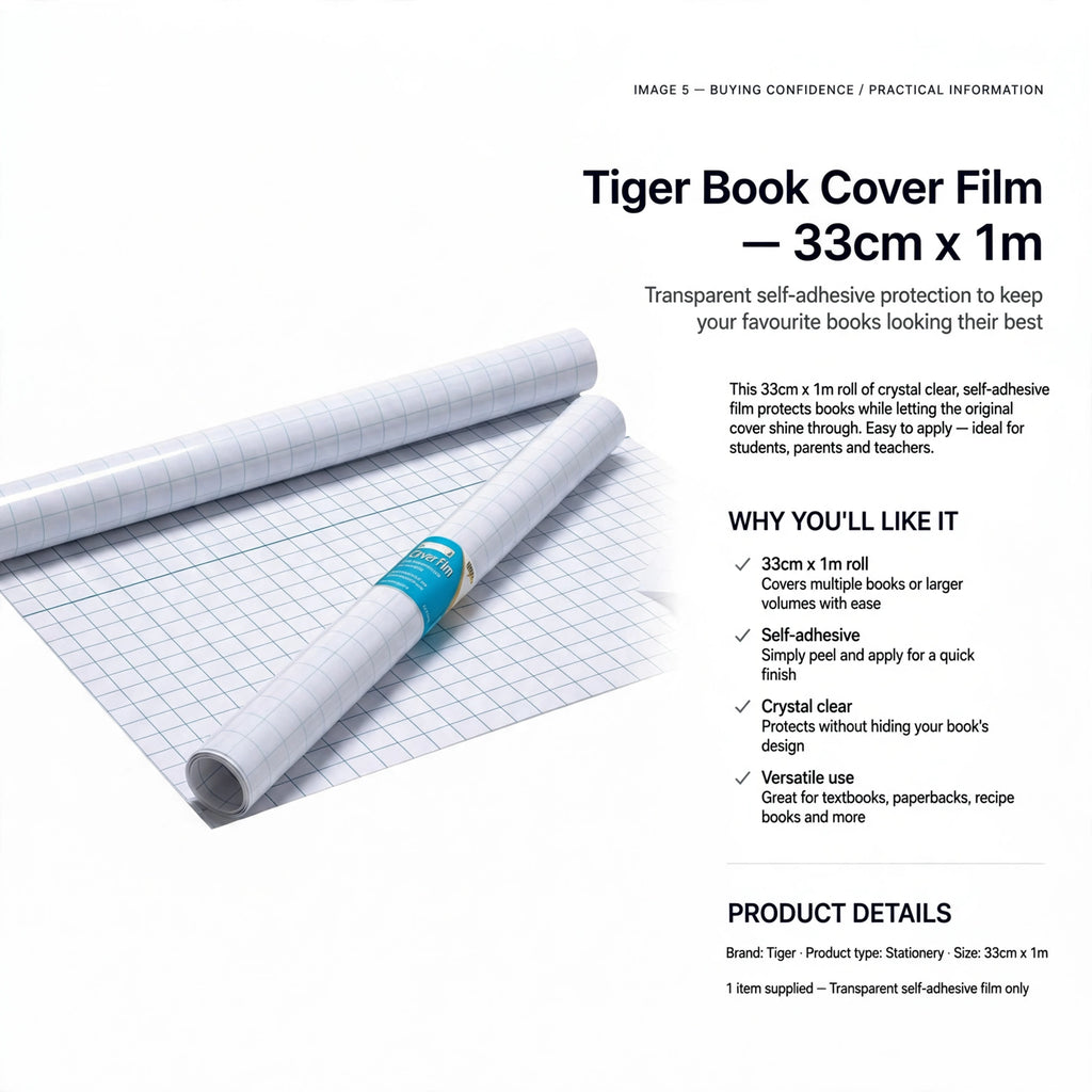 Tiger Book Cover Film roll with details on size and self-adhesive application