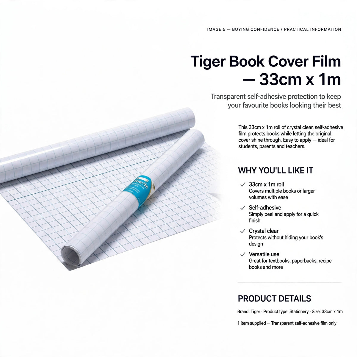 Tiger Book Cover Film roll with details on size and self-adhesive application