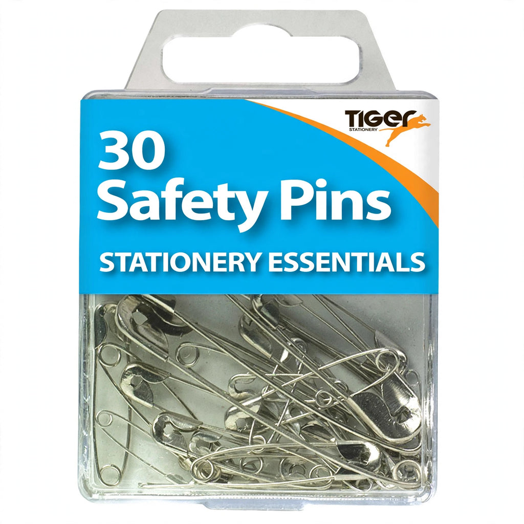Close-up view of assorted sizes of nickel-plated safety pins from Tiger Stationery