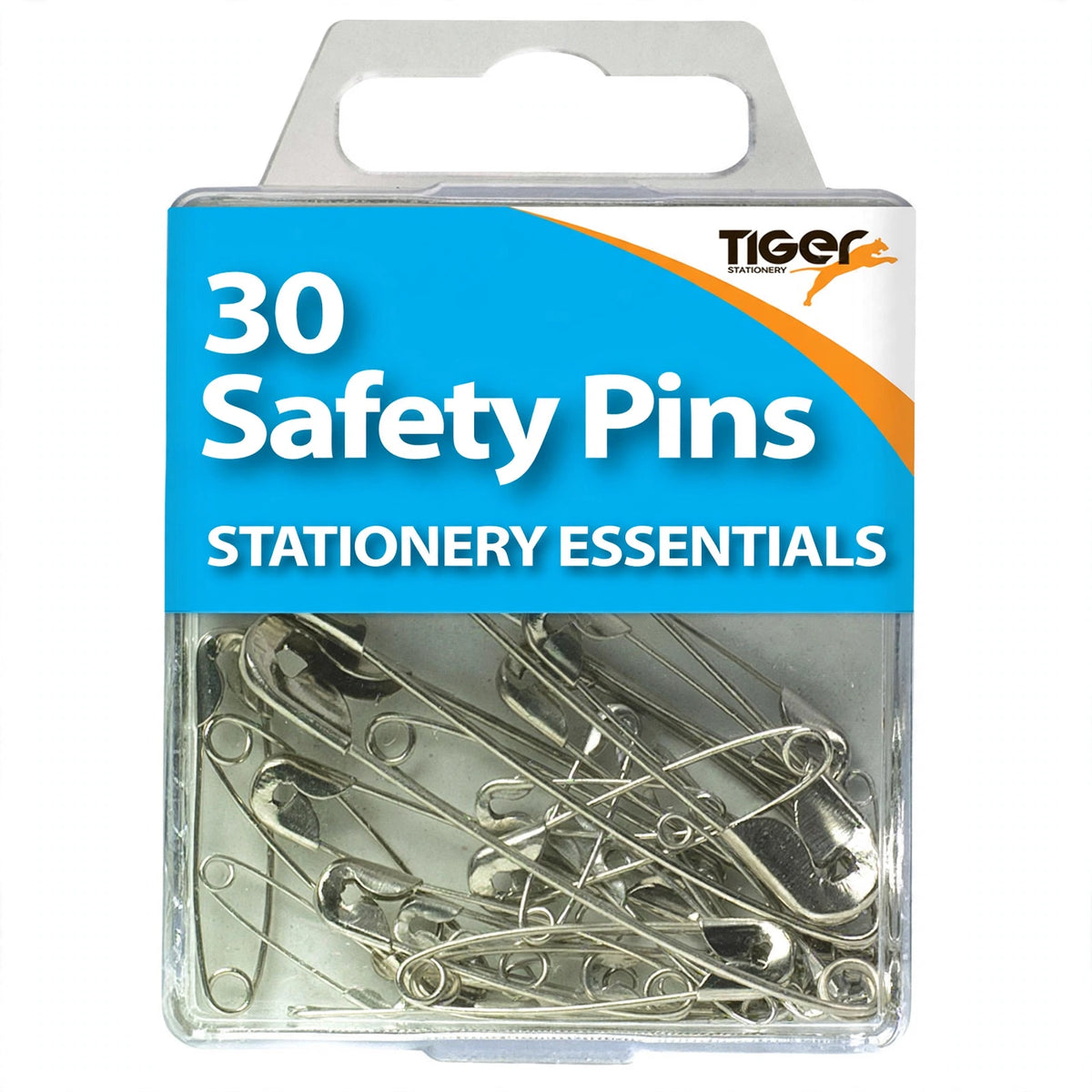 Close-up view of assorted sizes of nickel-plated safety pins from Tiger Stationery
