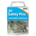 Tiger Stationery pack of 30 nickel-plated safety pins in assorted sizes in a clear plastic box