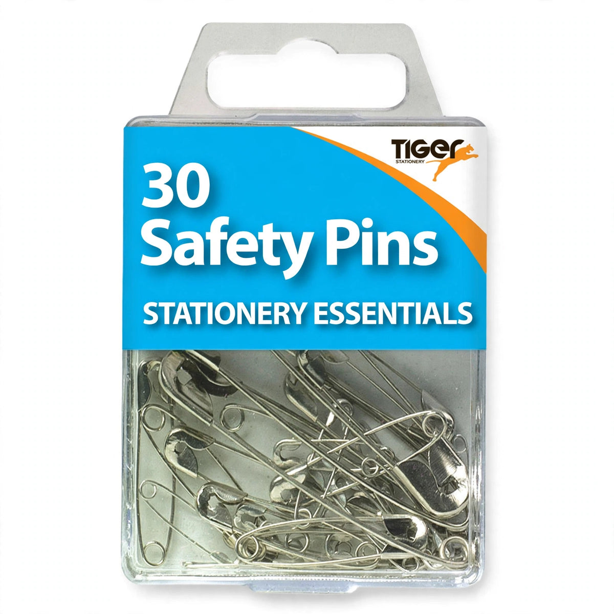 Tiger Stationery pack of 30 nickel-plated safety pins in assorted sizes in a clear plastic box