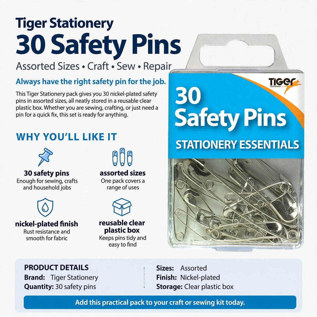 Infographic showing 30 safety pins with assorted sizes and nickel-plated finish in a reusable clear plastic box